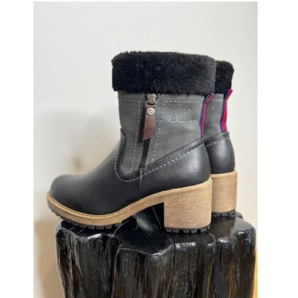Womens Leather Faux Fur Block Heel Ankle Boots Side Zip Size 7.5-8US Black - Picture 1 of 5
